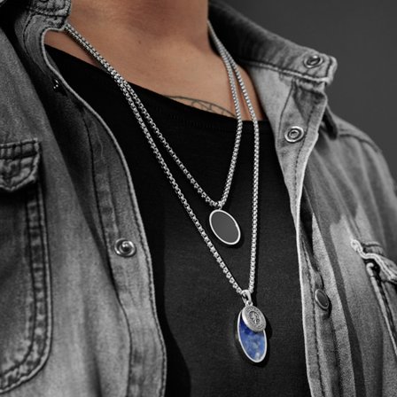 Sada náhrdelníkov Orisun so sodalitom a ónyxom pre mužov - Oceľové retiazky