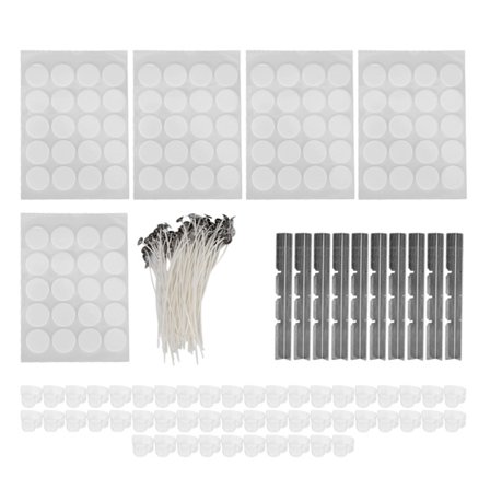 260 kynttiläsydäntä 15 cm, 100 kaksipuolista teippitarraa, 50 kynttiläkuorta, 10 ruostumattomasta teräksestä valmistettua sydänlankapidikettä, 