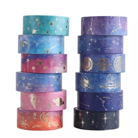 12 Ruller Galaxy Washi Tape, Gullfolie Konstellasjon Washi Maskeringstape, Måne, Stjerner, Himmelsk, DIY Dekorativ Papirtape, Gaveinnpakning, 
