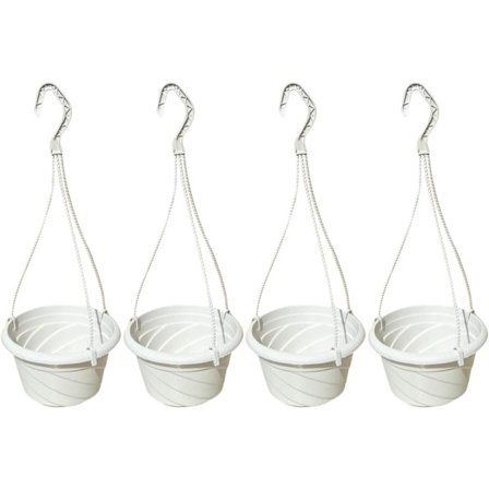 Hengende blomsterpotter i plast med kjedekurv, hvit