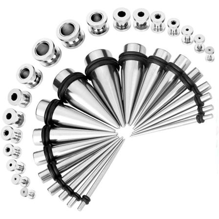 36 stk. Udvidbare ørepropper (sølv) Metal 18 Expander ørepropper + 18 rustfri stål scalloped dobbelte kød huller 1,6 mm - 10 mm