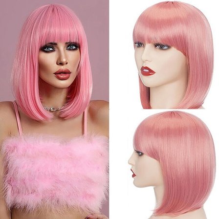 Barbie Rosa parykk Kort rett Bob-hår høytemperaturfiber