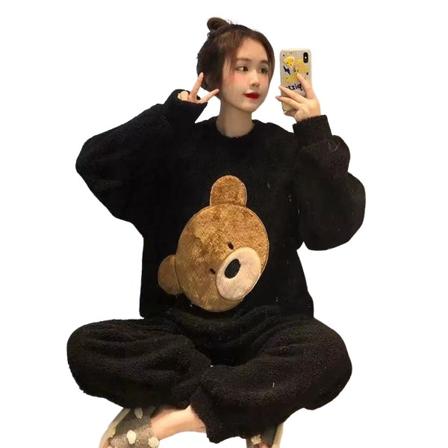 Kvinne tykk flanell pyjamassett Bedårende bjørnepyjamas Todelt natttøysett for kvinner jenter natttøy Bear Black XL