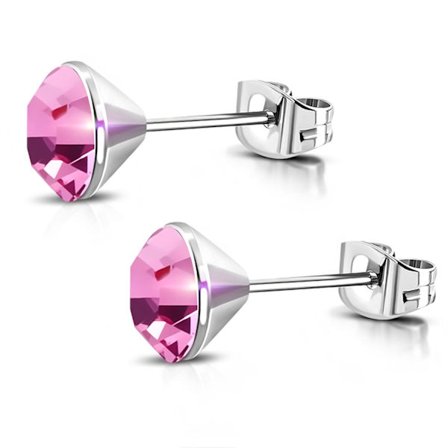 Stiftörhängen Stud Örhängen i Kirurgiskt Stål 316L i Silver Färg med Rund Rosa Swarovski Kristall – 4 mm