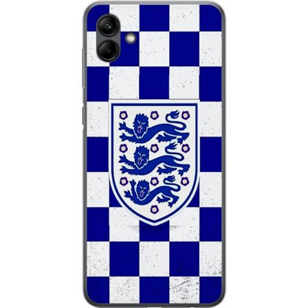 Kompatibel Mobilcover til Samsung Samsung Galaxy A05 Grafisk skakternet mønster i blåt og hvidt med et klassisk heraldisk emblem, retro-inspireret s