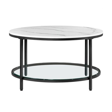 Rundt Salongbord med Marmorplate og Herdet Glasshylle - Elegant og Funksjonelt