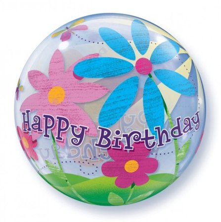 Bursdagsbobleballong og blomster