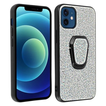 Coque iPhone 12 Mini - AVIZAR - Paillettée - Bi-matière - Argent Gris - Bague de maintien