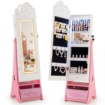 COSTWAY Smykkeskab til Børn med Spejl 2 i 1 - 4 Indvendige Lygter 30,5 x 30,5 x 117,5 cm Hvid