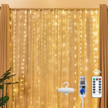 1/2-Pakke Gardinlys – 3x3m Lyslenke 300 LED Julebelysning, USB-drevet med 8 Lysinnstillinger og Fjernkontroll