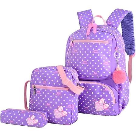 Sydänkuvioinen 3-in-1-reppusetti, rusetti, alakoulu, matkareppu, päiväretkireppu, reppusarja oppilaille (violetti)