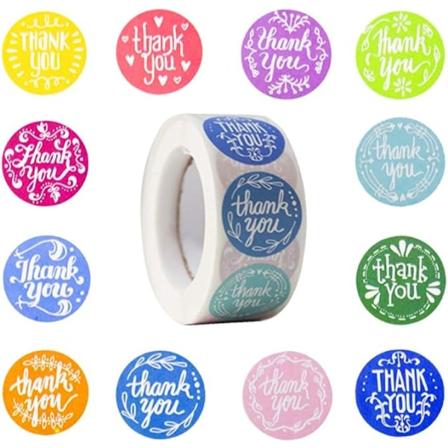 1 tuuman kiitos-tarrat - rulla, jossa 1000 kpl vedenpitäviä, 12 erilaista mallia ja väriä, loistava lahjojen, leivonnan, juhlien, pienyritysten ja 