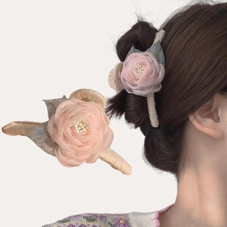 Hårklemme med blomst, blondekantede klo-klemmer til kvinder og piger, rose- og kamelia-design hårtilbehør, skridsikre hårklemmer til tykt hår