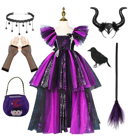 Disney Häxkostym Flickor Lila Mesh Släpande Klänning Maleficent Deluxe Flickor Fancy Halloween Fest Barn Rollspel Kostym 09-WELLNGS Witch Sets 09 10-