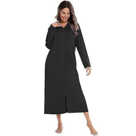 Letvægts morgenkåbe med hætte til kvinder, lynlås, badekåber i fuld længde, langærmet bomuldsstrik, blød natkjole, kimono, lynlås, morgenkåbe, lounge 
