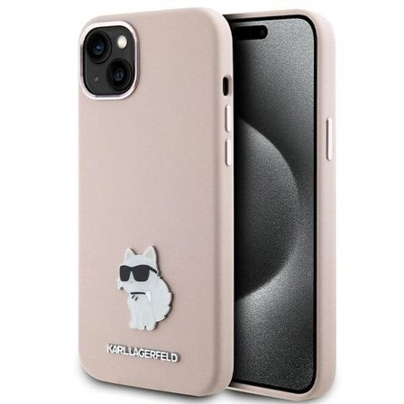 Karl Lagerfeld Silikoni Choupette Metal Pin asia iPhone 15 Plus / 14 Plus - Vaaleanpunainen