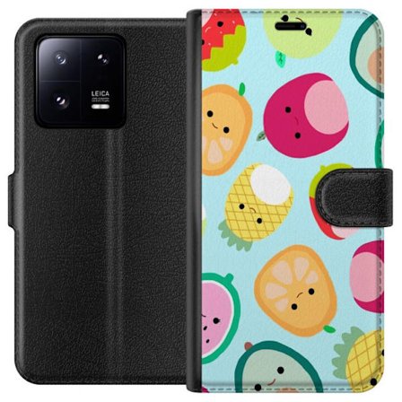 Kompatibel Tegnebogsetui til Xiaomi 13 Pro Mønster af kawaii frugter som jordbær citron ananas og avocado på lyseblå baggrund