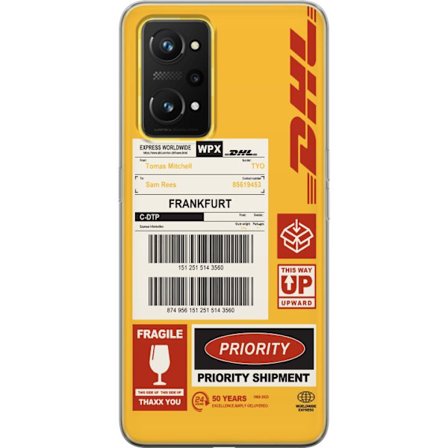 Kompatibelt Mobilskal till Realme Realme GT Neo 3T DHL Express fraktetikett design med streckkoder, Frankfurt text och logistiktema grafiskt motiv pe