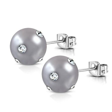 Stiftörhängen Stud Örhängen i Kirurgiskt Stål 316L i Silver Färg med Grå Pärla & Klara Cubic Zirconia - 10 mm