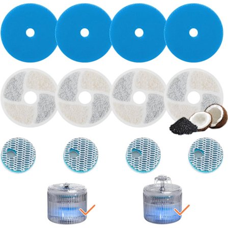 Sæt med 4 filtre til kæledyrsfontæne, 3-trins filtreringssystem, udskiftningsfiltre til kattefontæne med 2,6 l automatisk kæledyrsfontæne