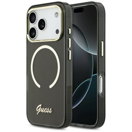 Guess IML Script MagSafe-fodral i metall för iPhone 17 Pro - Svart