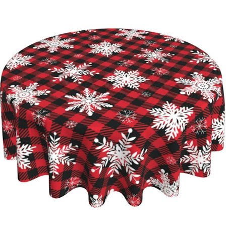 Julrund bordsduk med tomte, snögubbe och snöflinga - Dekorativ röd rund bordsduk för hem, kök, middag, picknick, fest - Stil 4