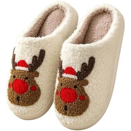 bolukets Myke Tøfler for Kvinner Menn Varme Komfortable Plysj Lodne Putetøfler Slip-on Hjemmesko for Innendørs og Utendørs A Reindeer Red_sai