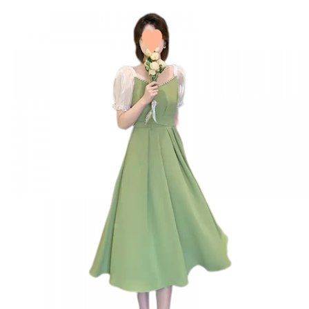 Kvinnors Casual Sommarklänning Midi Puffig Kort Ärm Kvadrat Hals Smokad Vågig Volangklänningar (Grön M)