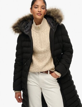 Superdry Fuji Faux Fur Hooded Longline - Black - XS