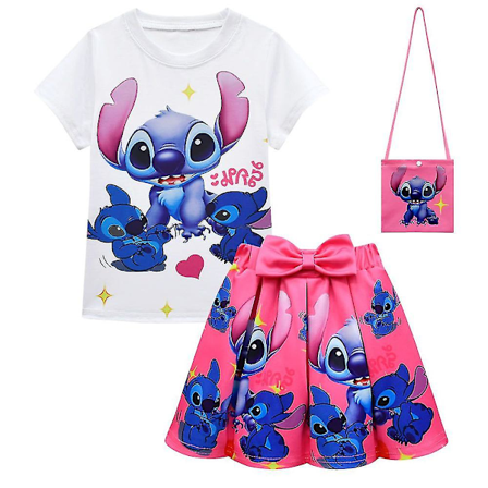 Lasten tytöille Lilo & Stitch -painettu T-paita + rusettipoimutettu hame + crossbody-laukkusetti juhla-animaatiomekko asu lahjat[HK] Rose Red 7-8 