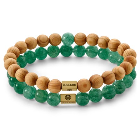 Conjunto de pulsera de madera y cristal de fresa verde para hombres - Pulseras de perlas