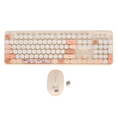 Langaton näppäimistö ja hiiri -yhdistelmä, ihana langaton retro pyöreä näppäinhattu näppäimistö 1600 DPI optinen hiiri Windowsille OS X:lle Beige