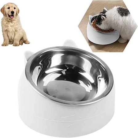 Hvid skrånende rustfrit stålskål til katte, madskål, dobbelt lag