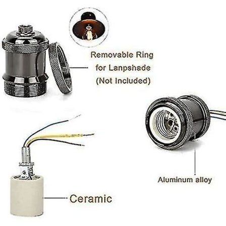 Edison Lampeholder E27 Vintage Adapter Lyskontakt Retro Lysekrone Trådløs Keramikk Inne, 1 Pakke, Svart