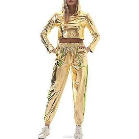 Naisten Rave-asu Kiiltävä Crop Top Huppari Metallinhohtoiset Rento Pitkät Housut Hupullinen Treenauscollegepaita Disco-tanssiasu(Medium Gold -