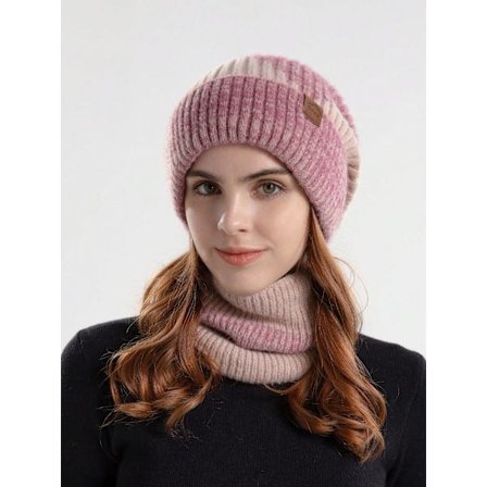 To-delt sæt med hue og halstørklæde til kvinder, ensfarvet tyk varm strikhue med øreklapper, efterår/vinter{HW}