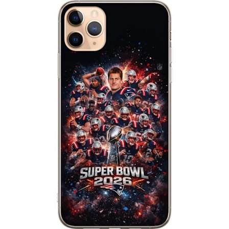 Yhteensopiva Puhelinkuori Apple iPhone 11 Pro Max Super Bowl 2026 juliste, jossa New England Patriots ja NFL-mestaruuspalkinto räjähtävän urheilullise