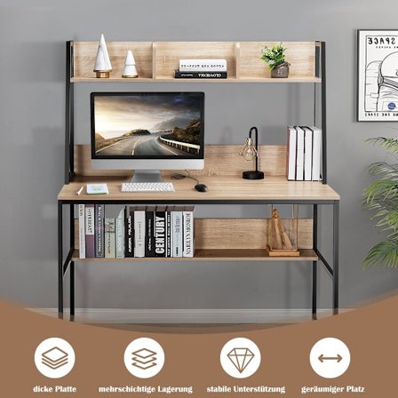 Computerbord med hylde & bogreol & justerbare trædepuder skrivebordsbord naturligt