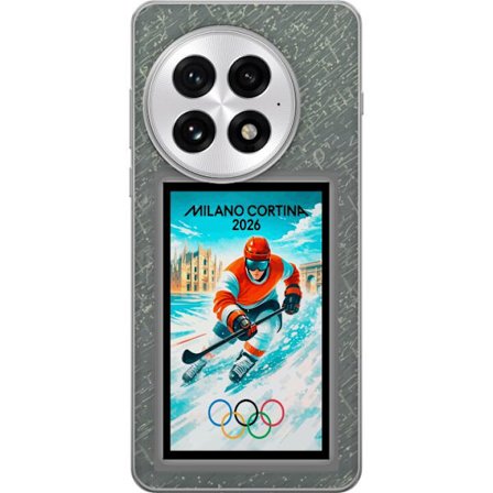 Yhteensopiva Puhelinkuori OnePlus 13 Curlingkuvitus pelaajilla ja kivillä jäällä, Milano Cortina 2026, lumisia roiskeita ja olympiasormukset