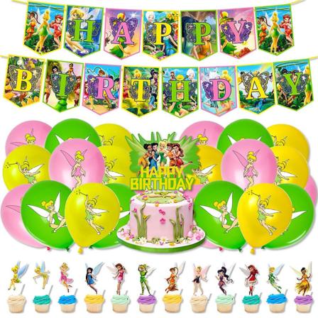Tinker Bell -juhlatarvikkeet, sarjakuvakeijuteemaiset syntymäpäiväjuhlatarvikkeet, joihin sisältyy palloja, banneri, kakunkoriste, satukeijujuhlalahja