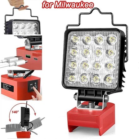 24W/48W LED Arbeidslys for Milwaukee M18 Vanntett Trådløs Flomlys med USB & Type-C Ladeport for Verksted Camping