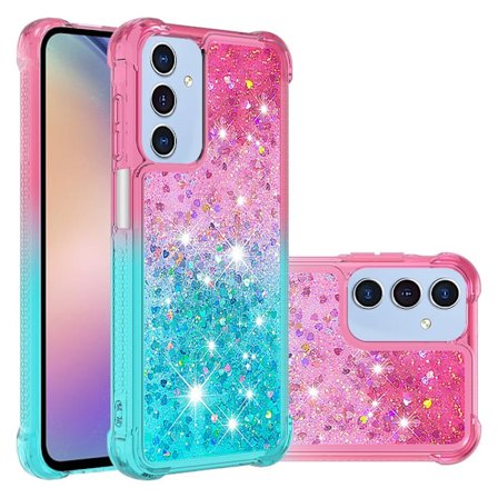 SKALO Samsung A16 Kvicksand Glitter Hjerter TPU Cover - Pink-Turkis
