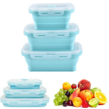Tredelt sæt - Foldbar madkasse - Opbevaringsboks til mad - Med låg - Holdbar - Går ikke let i stykker - Blå