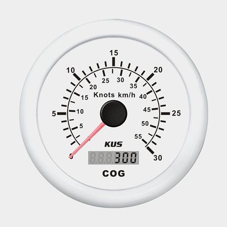 Velocímetro náutico KUS, Ø85 mm, 12 V / 24 V, GPS, branco, 0 - 30 nós + sensor