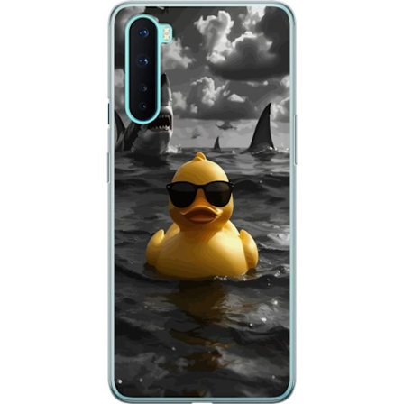 OnePlus Nord Gjennomsiktig deksel En kul gul badeand med solbriller flyter rolig i havet mens haier sirkler i dramatiskt vann og mørke skyer samles o