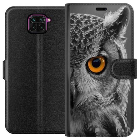 Yhteensopiva Lompakkokotelo Xiaomi Redmi Note 9 Mustavalkoinen lähikuva pöllöstä, jossa on voimakkaan oranssi silmä ja yksityiskohtainen sulan r