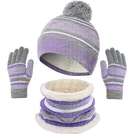 Sztxj (violetti) 3 in 1 Lämmin pipo, huivi ja käsineet -setti lapsille, talvi, paksu neulosfleece, tupsupipo kaulurilla, huivi ja käsineet pojille ja 
