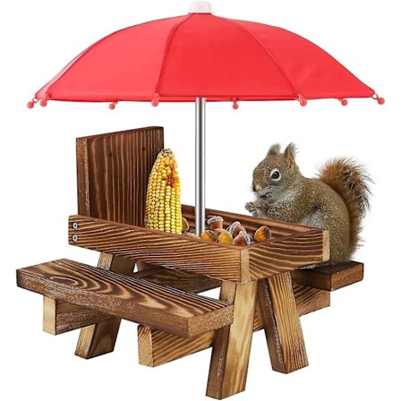 Ekorrmatare väderbeständig ekorre picknickbord trä ekorre matbord med parasoll