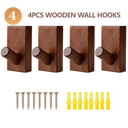 Vægmonteret knagerække i træ, 4-pak trævægkroge til badekåber og håndklæder, firkantet (valnød)