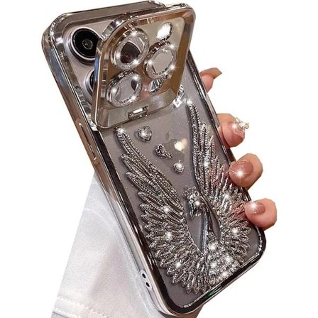 /EA/Deksel for iPhone 15 Pro Max, Søte 3D Diamant Rhinestone-vinger med Bling Glitter Kamerastativ Myk TPU Støtfanger Beskyttelse